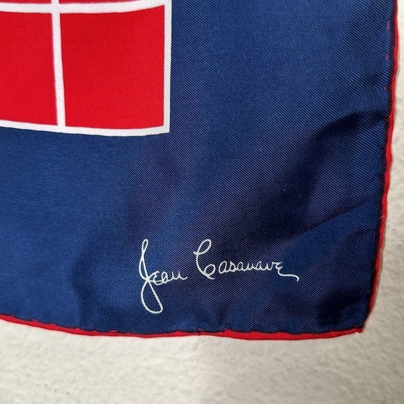 VTG Jean Casanave Signed Silk Scarf Blue Red Geometric 27x27 Hand Rolled Japan - Picture 3 of 7